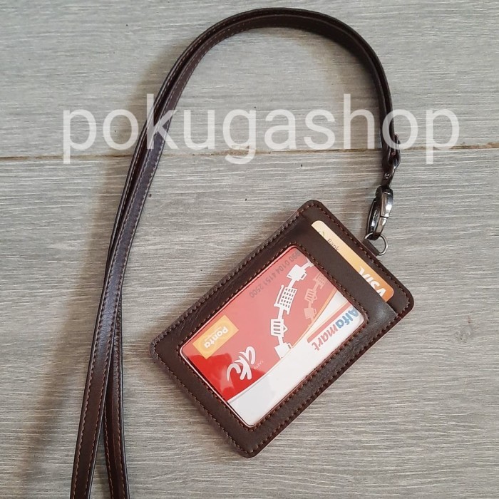 

BARANG TERLARIS nametag kulit / id card holder lanyard kulit dark brown asli garut