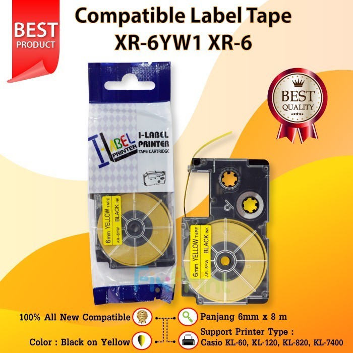 

Label Tape Casette XR-6YW1 XR-6 Black on Yellow 6mm KL60 KL120 KL820