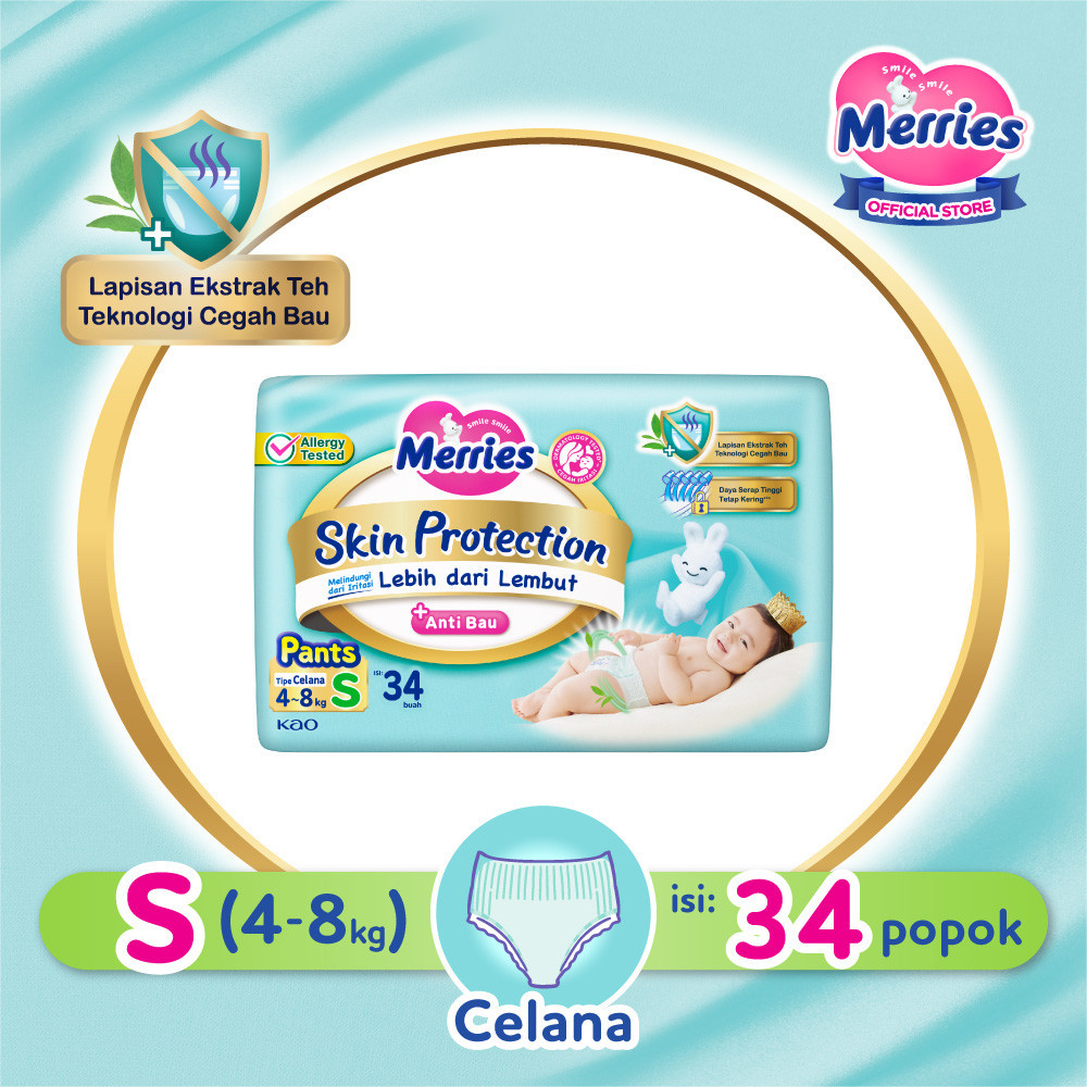 Merries Skin Protection Popok bayi Celana S 34 - Perlengkapan Bayi Dengan Ekstrak Daun Teh Alami