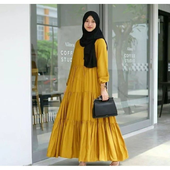 Gamis Hitam GAMIS REMPEL SUSUN DEWASA MURAH NAMPOL / MIDI DRES WANITA GAMIS REMAJA - Kuning, XXL