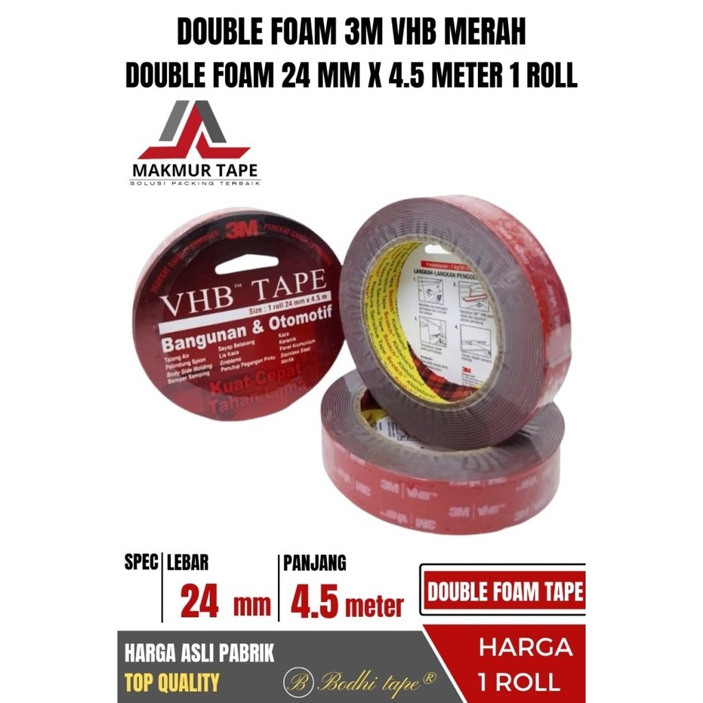 

DOUBLE FOAM TAPE / DOUBLE TAPE 3M VHB MERAH 24MM X 4,5 METER 1 ROLL MURAH