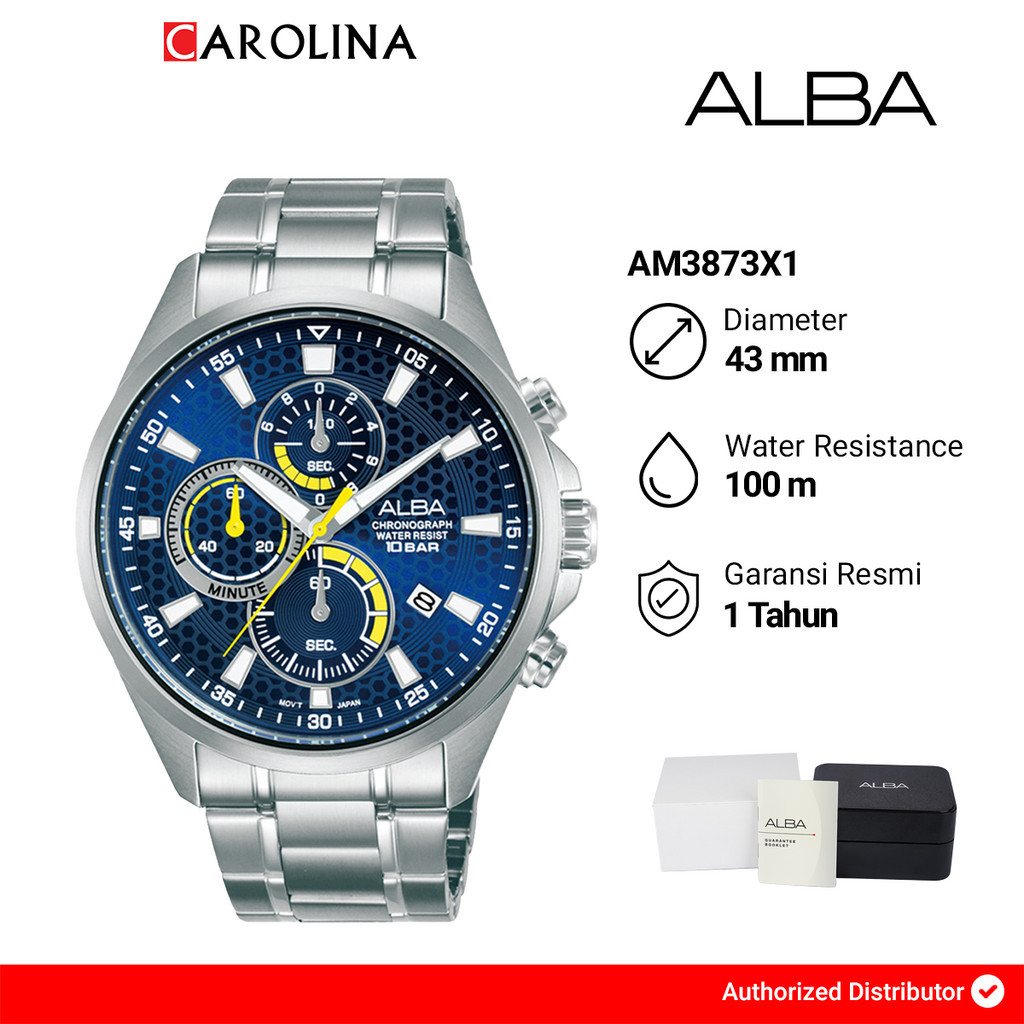 Jam Tangan Pria ALBA AM3873X1 Chronograph Blue Patterned Dial Stainless Steel Strap
