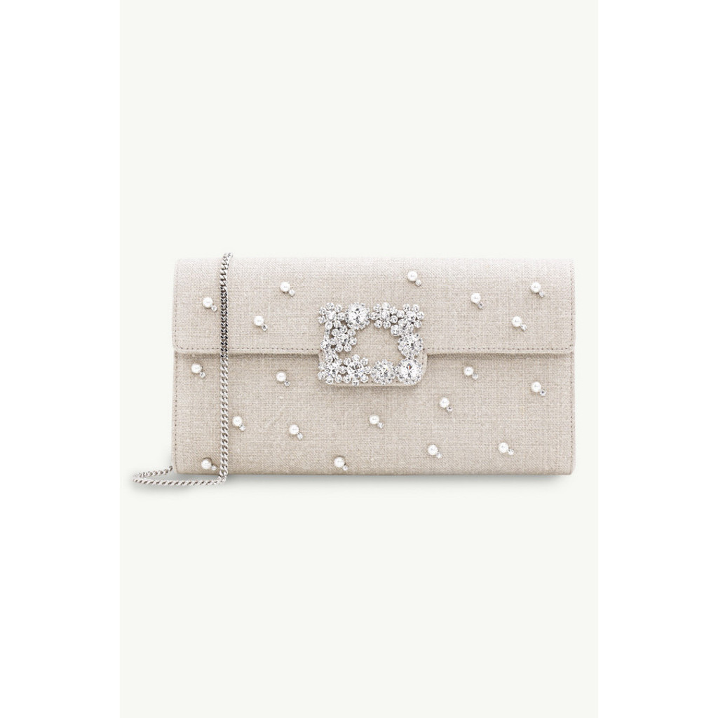 ROGER VIVIER Flower Strass Buckle Pearls Clutch in Beige Fabric