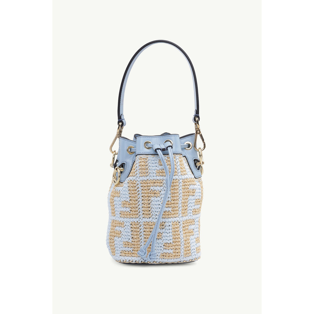 FENDI Mini Mon Tresor in Beige/Blue Raffia All Over FF Logo Pattern