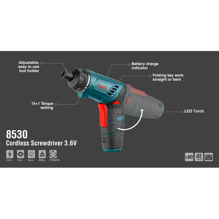 RONIX MODEL 8530 WITH LED LIGHT LITHIUM CORDLESS SCREWDRIVER 3.6V