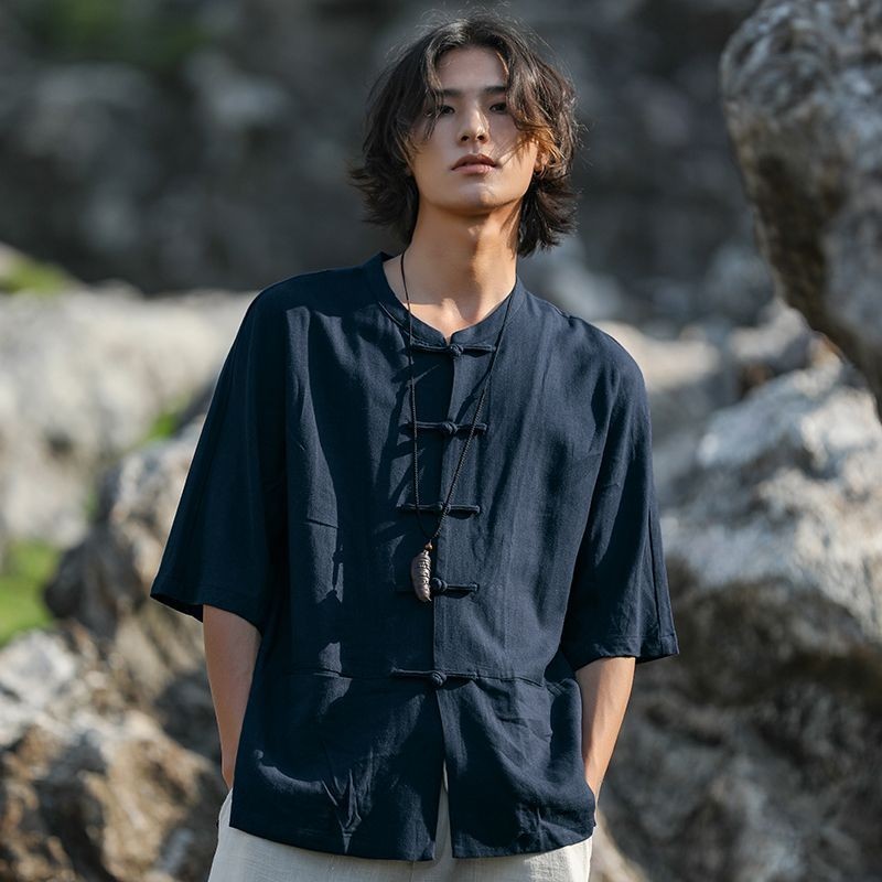 Kemeja Linen Cina Lengan Pendek Katun Linen Cina Berdiri Kerah Zhongshan Kemeja Tang Setelan Pria