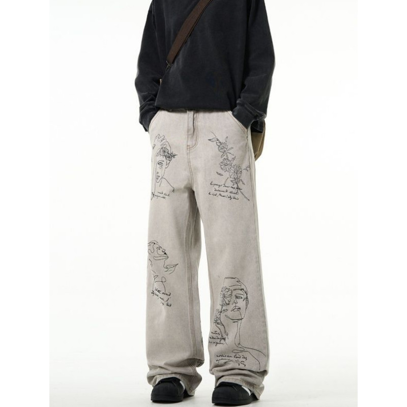 Men's New Retro Hand-Painted Graffiti Skinny Jeans Distressed Pants