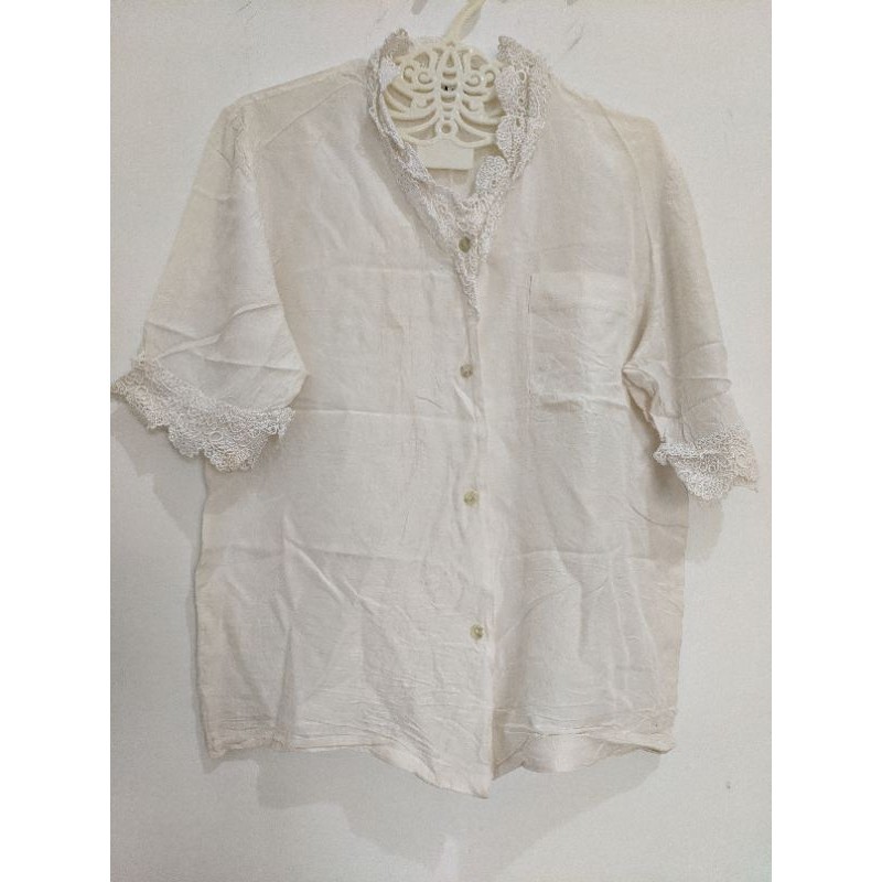 Blouse Korean Vintage White Putih Katun Brukat Cewek Wanita Preloved