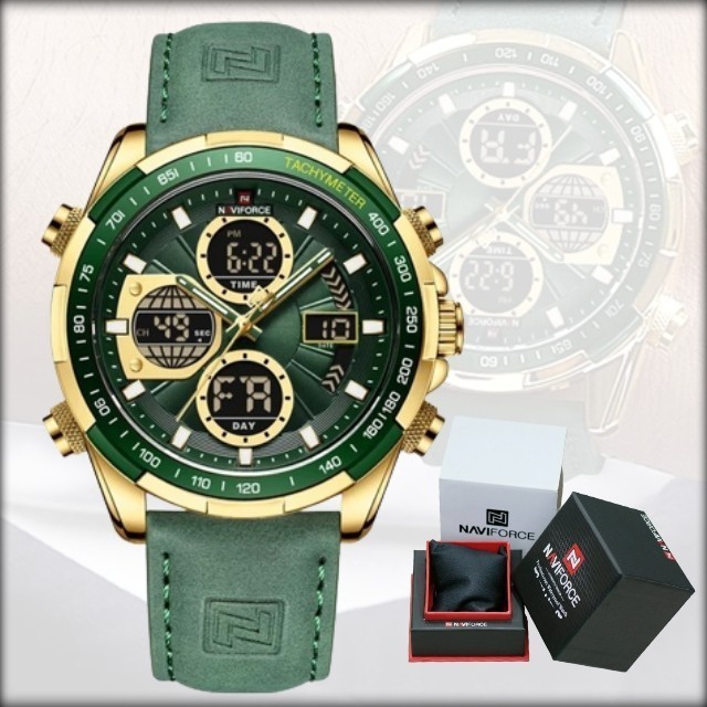 Jam Tangan Naviforce 9197 Garansi 1 Th Leather Green Gold