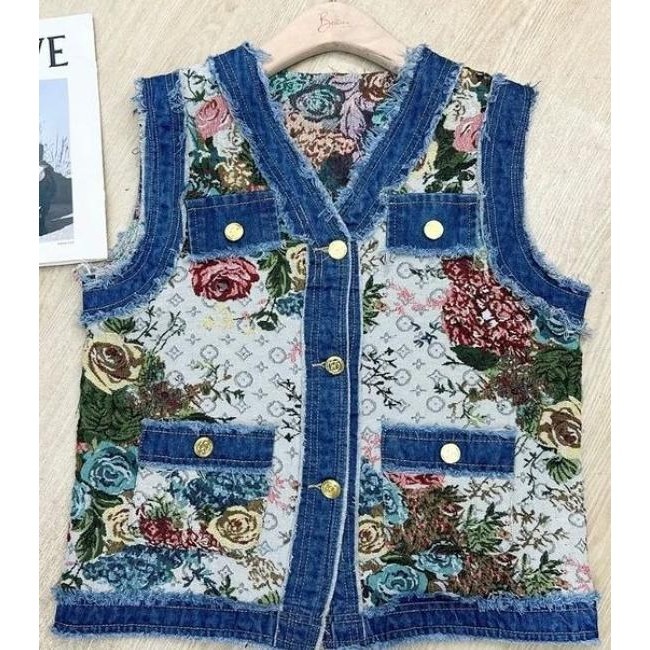Outer Wanita Denim Motif Bunga / Vest Wanita Bahan Denim Premium Vionawara