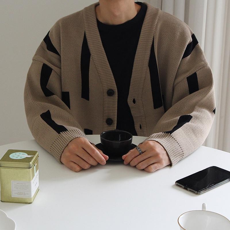 Kardigan Pria Mantel Kardigan Pria Rajut Tren Korea Musim Gugur ModisinsLonggarVMantel Sweter