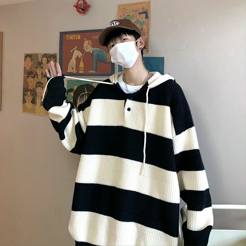 Sweater Berkerudung Pria, Jaket Rajut Kelas Tinggi Retro Gaya Jepang Musim Dingin