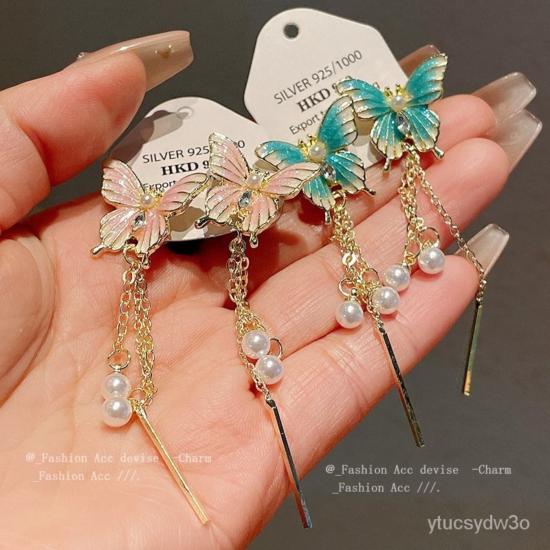 Anting-Anting Rumbai Mutiara Kupu-kupu Bertatahkan Berlian Imitasi Giwang Perak Anting-Anting Rasa K