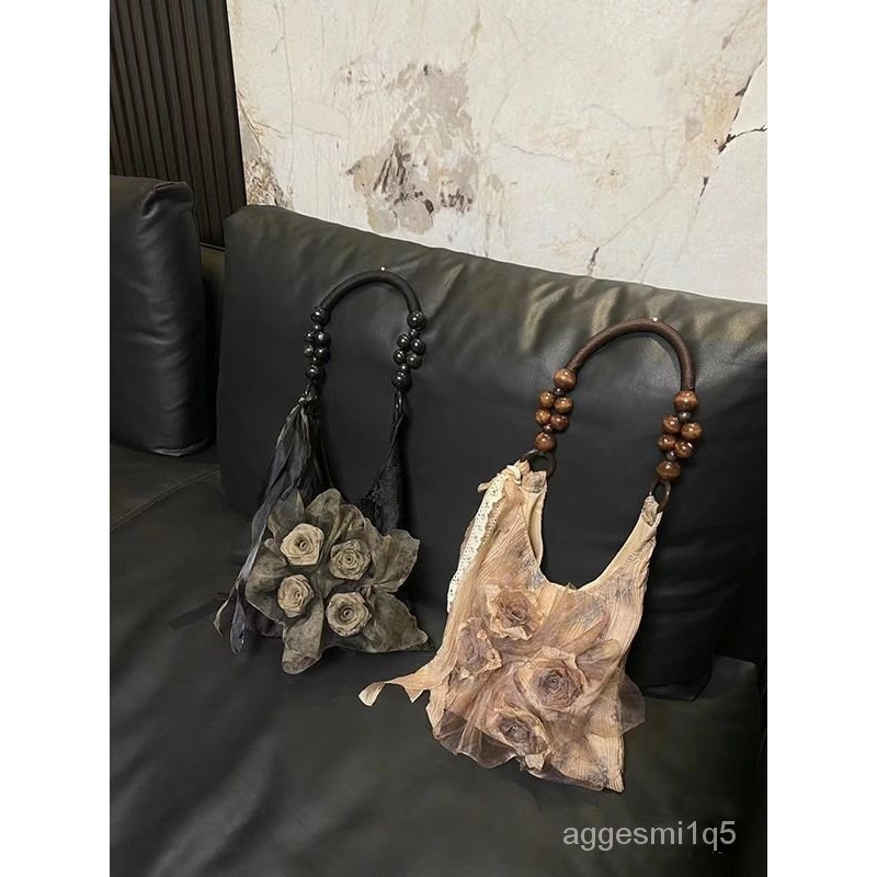 Tas bunga toge bag/Vintage Tie Dye Rose Flower Bag Pleated Large Capacity Tote Shoulder Handbag/y2k 