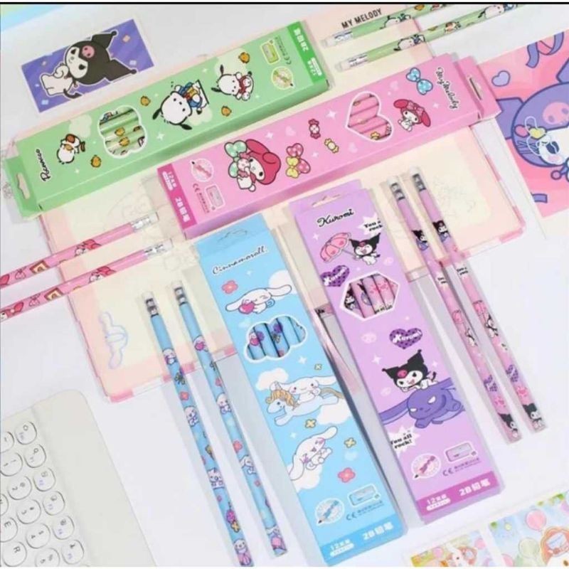 

SAKHA-12 PCS PENSIL SANRIO | FREE RAUTAN | PENSIL ANAK MELODY CINAMOROL KUROMI