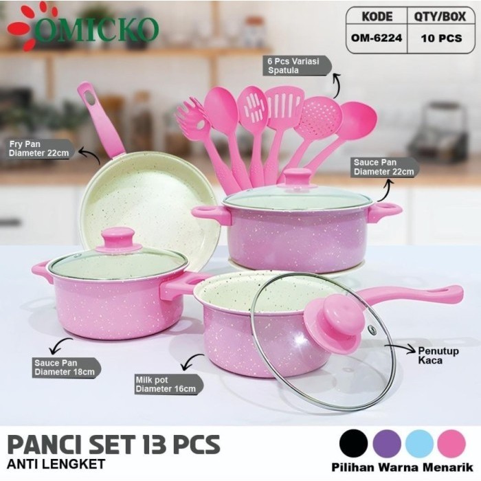 Omicko Panci Set Panci isi 13 Pcs / Cookware Set Penggorengan-Pink