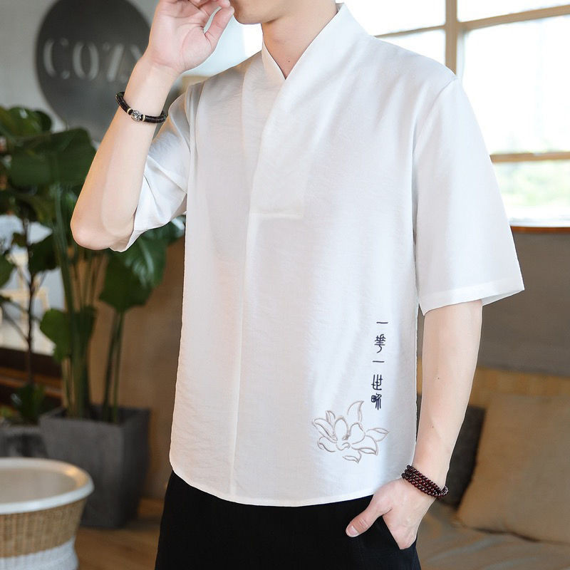 Cocok untuk Semua Gaya Etnik TiongkokVKerahTKaus Lengan Pendek Kain Linen Tipis