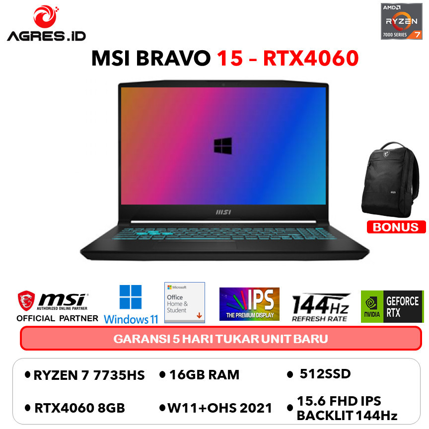 MSI BRAVO 15 RYZEN 7 7735HS RTX4060 8GB/ 16GB 512GB W11+OHS 15.6FHD IPS 144HZ 4ZRGB 2Y BLK -C7VFK.20