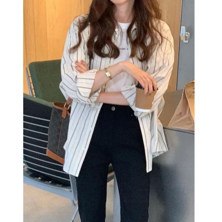 Kemeja Wanita Casual Korea Lengan Panjang Garis Baju Kemeja Atasan Wanita Santai Liar