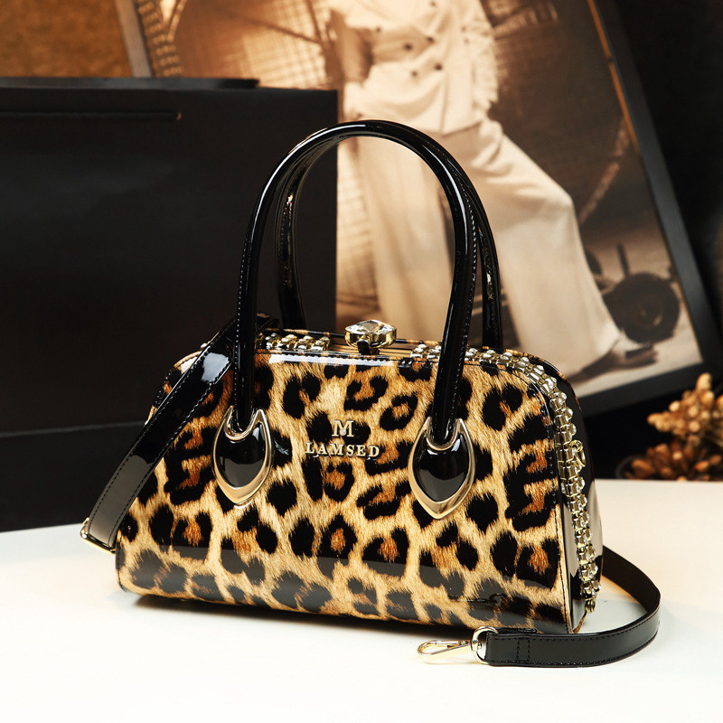 New Leopard Boston Messenger Bags For Women Leather Handbags High Quality Patent Leather Clutch Bost