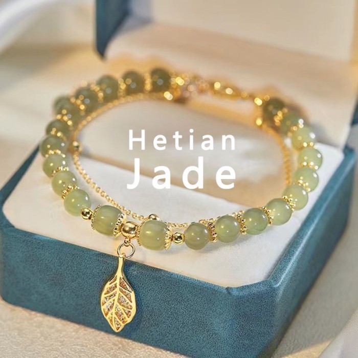 Gelang Tangan Batu Giok Hetian Ala Aksen Daun Emas Untuk Wanita
