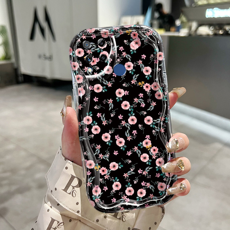 Casing Hp Realme C15 Case lembut baru Softcase pelindung silikon HP telepon pola bunga merah muda la