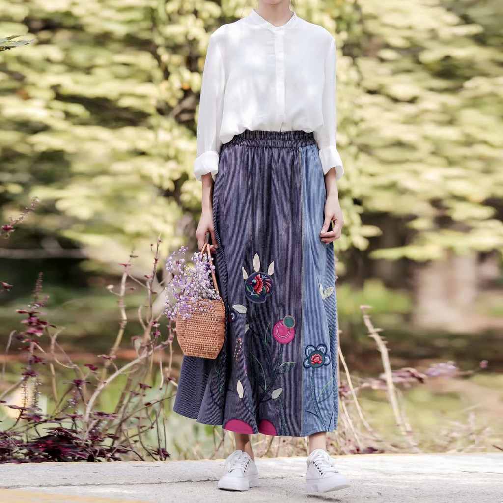 ROK KATUN HIJAU KREM BIRU GARIS DUOTONE MAXI PATCHWORK & BORDIR BUNGA