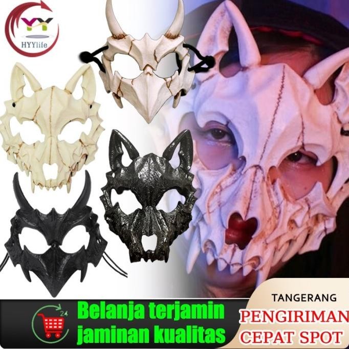 Topeng Setengah Wajah Tengkorak/Topeng Naga God Tiger Yasha Tengu