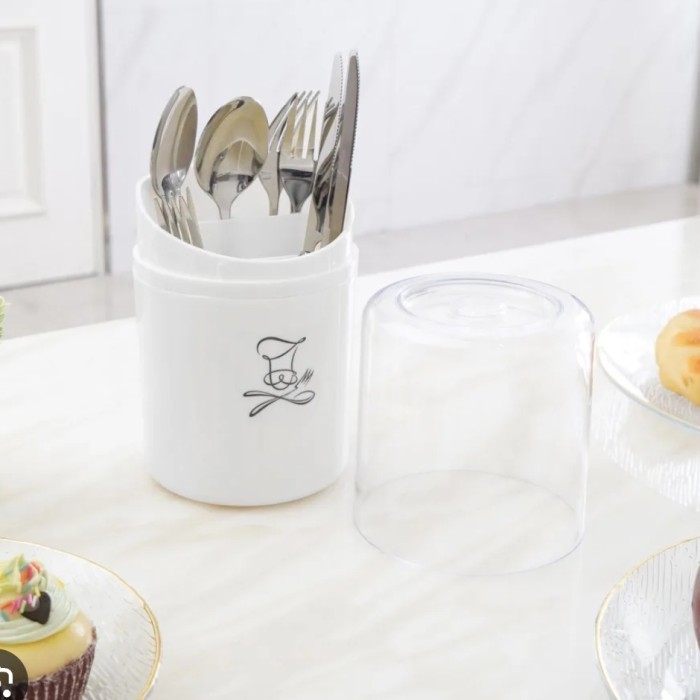 TEMPAT SENDOK GARPU PLASTIC TERTUTUP BULAT UNIK