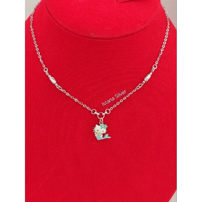 Kalung Anak Hello Kitty Duyung Cute Perak Asli S925 Kalung Rantai Acc HK Warna Pink & Biru Duyung