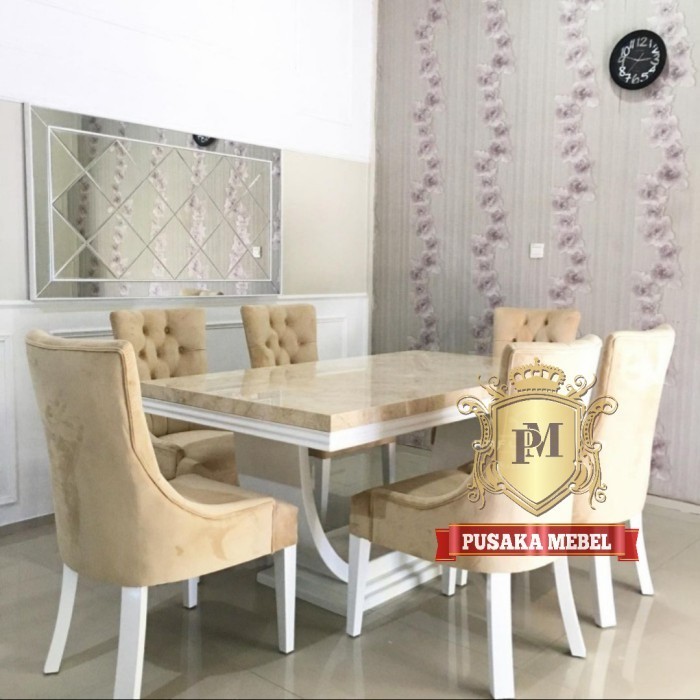 Set Meja Makan Marmer 6 Kursi, Meja Makan Minimalis Marmer Kursi Busa