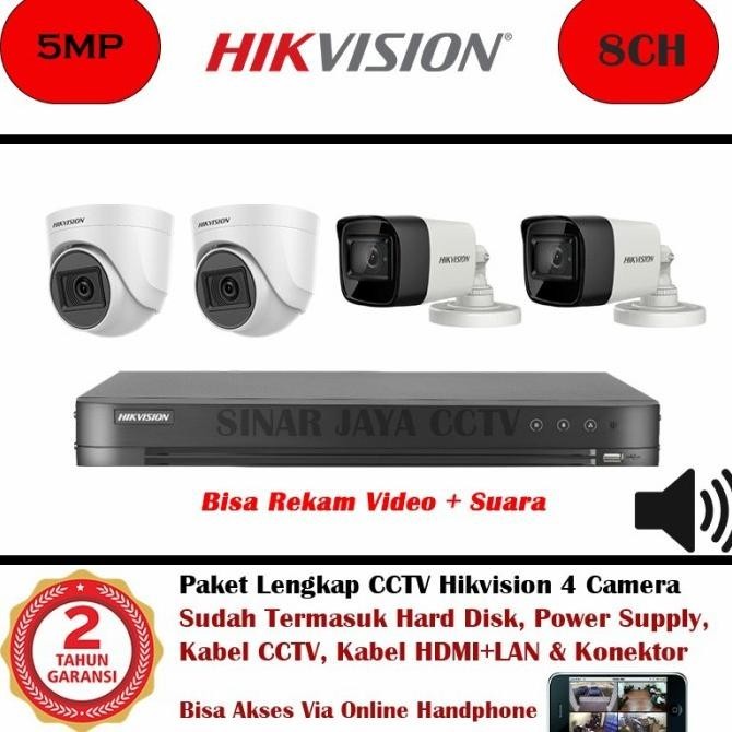 PAKET CCTV 8CHANEL HIKVISION 5MP MEREKAM VIDEO SUARA (4 CAMERA)