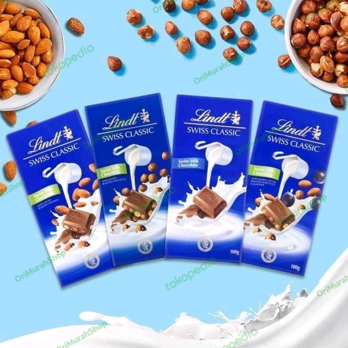 

LINDT SWISS CLASSIC CHOCOLATE MILK ALMOND HAZELNUT RAISIN DARK COKLAT