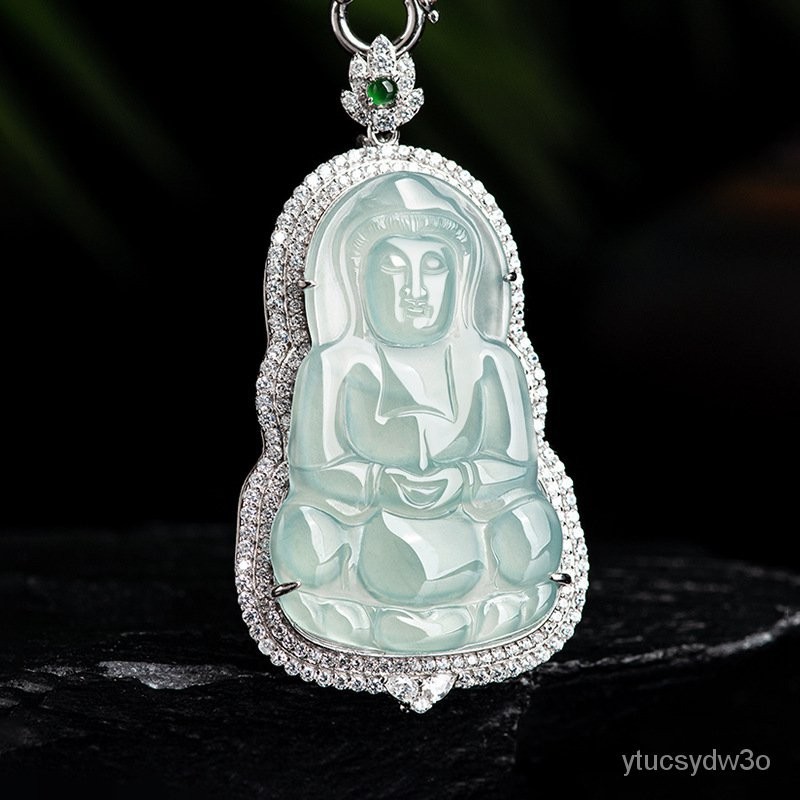 （Dengan Sertifikat）（ytucsydw3o）AlamiaBarang Giok Guanyin Air BiruS925Liontin Giok Es Bertatah Perak,