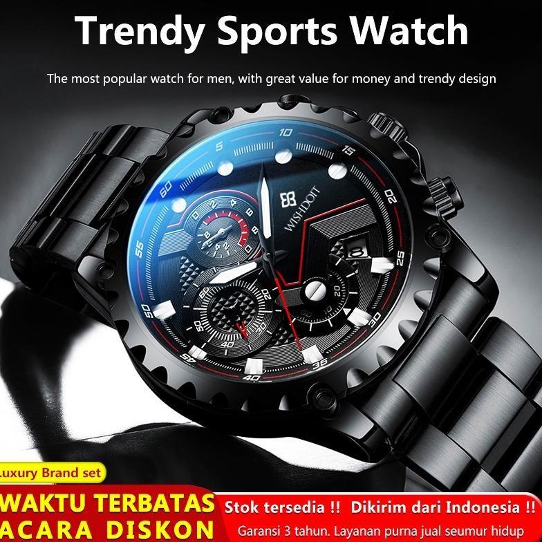 CR - WISHDOIT Jam Tangan Pria Anti Air Original Lelaki Cowok Hitam Waterproof Stainless Fashion Men 