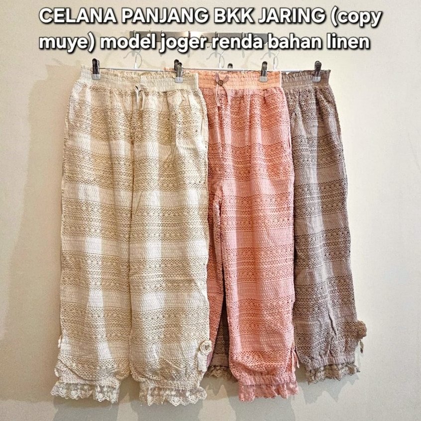 [BEST DEAL] Celana panjang BKK copy muye bersaku jaring model joger renda bahan linen