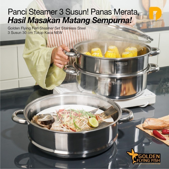 Panci Kukusan Stainless 3Susun Ukuran 30Cm Tutup Kaca