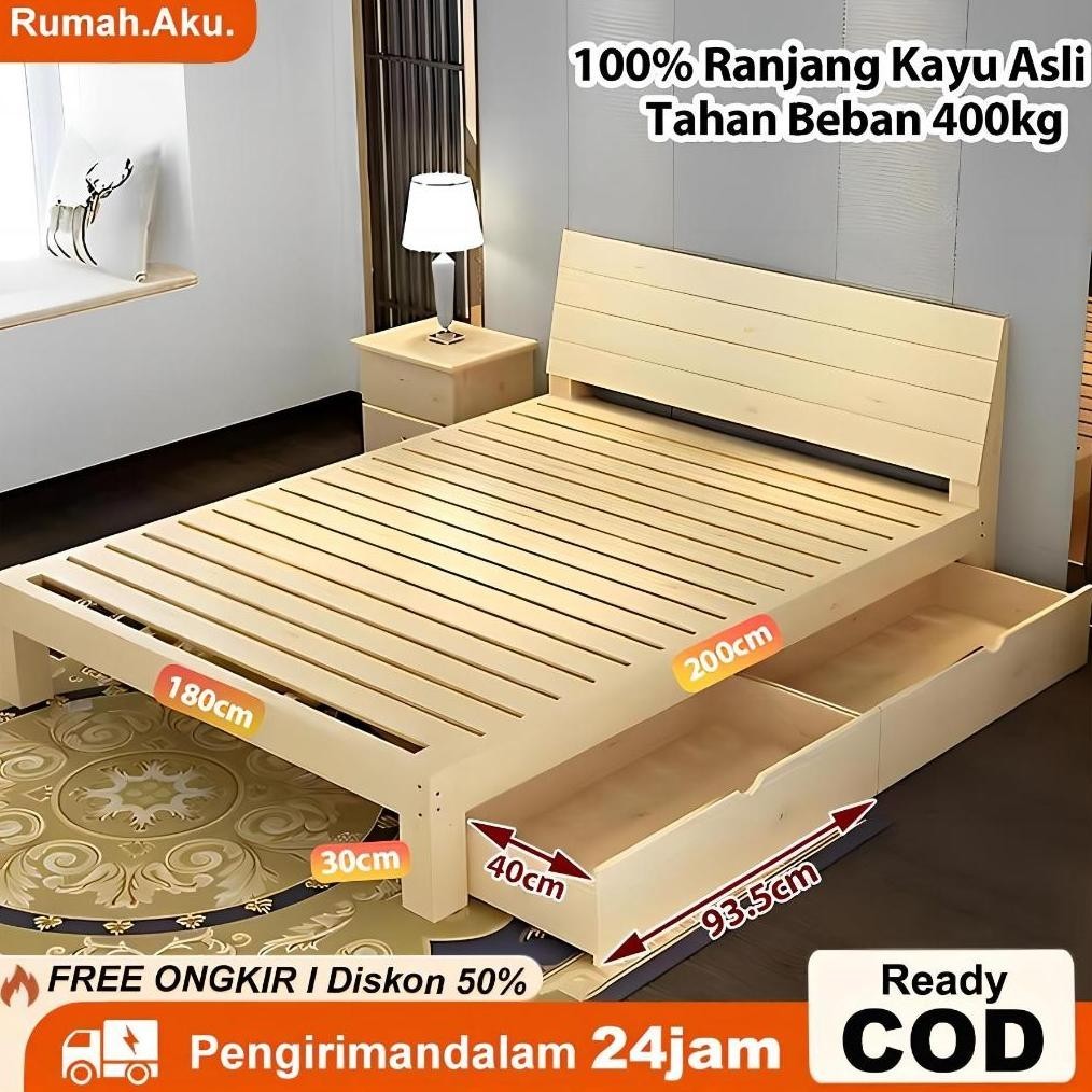 RA Tempat Tidur Kayu Asli / Dipan Lantai Laci Minimalis / Ranjang Kasur / Divan Lesehan 180cm