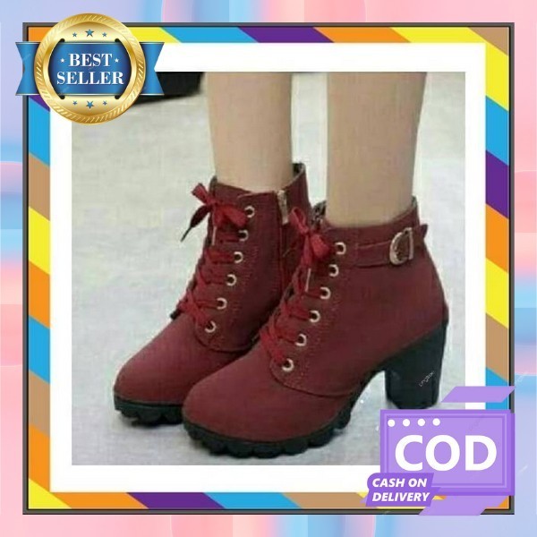 Bot Perempuan Motif Polos Tali Highthels Hige Heel Anak Muda Dewasa Ootd Remaja Elegan Casual Keren 