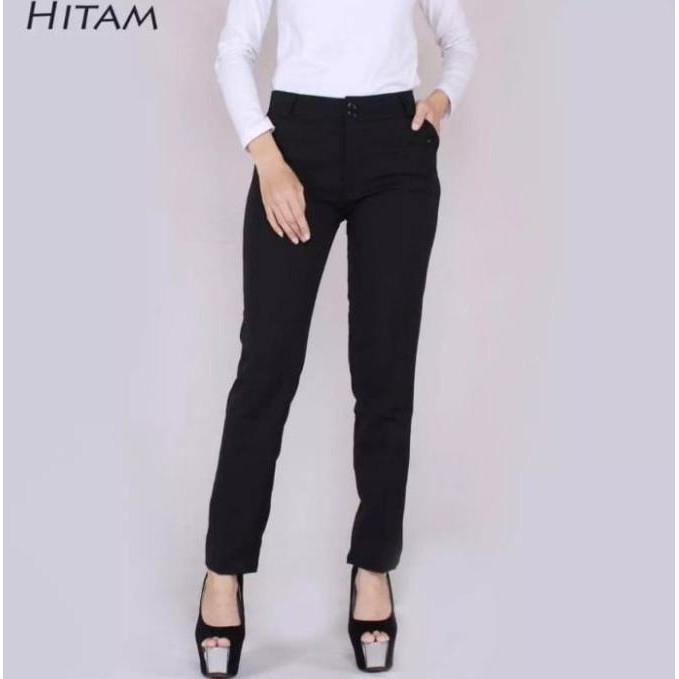 CELANA KERJA WANITA KANTOR SLIMFIT BAHAN DASAR KAIN WARNA HITAM