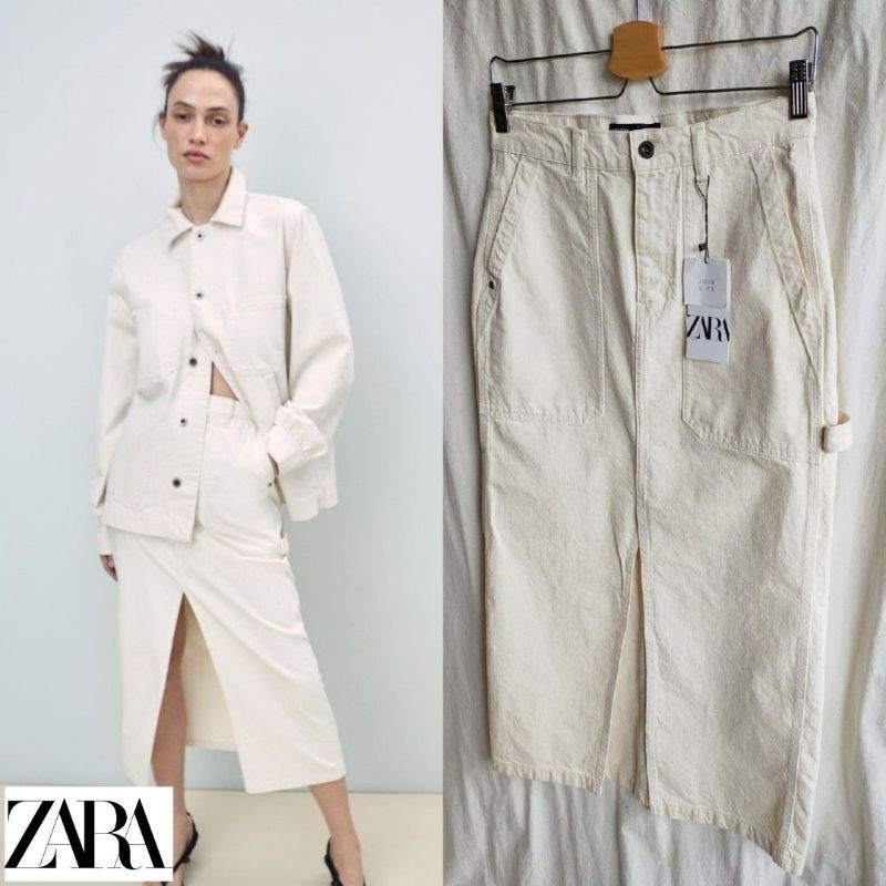 [ZARA] ZW Premium Denim Long Skirt With Front Slit Bodycon Pocket Side Strap Ivory Ecru White / Rok 