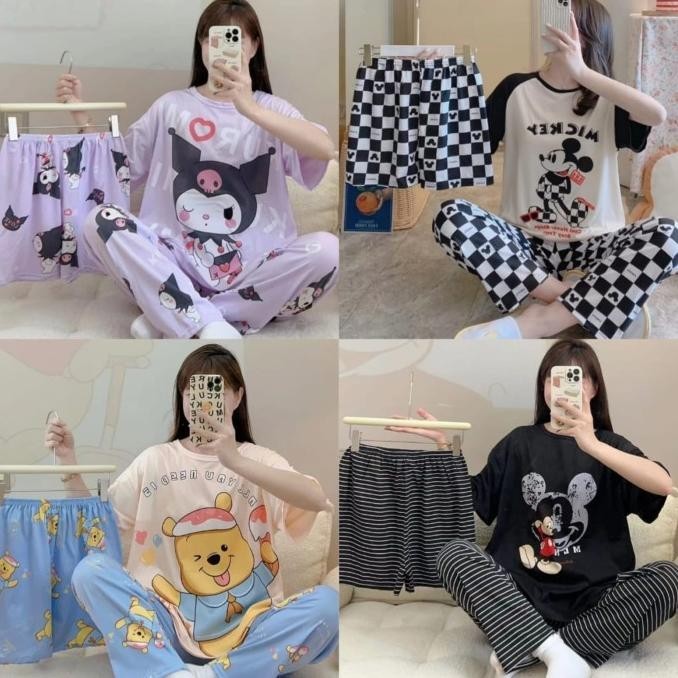 BAJU TIDUR SETELAN 3 IN 1 WANITA PIYAMA IMPORT BAHAN KAOS SPANDEK