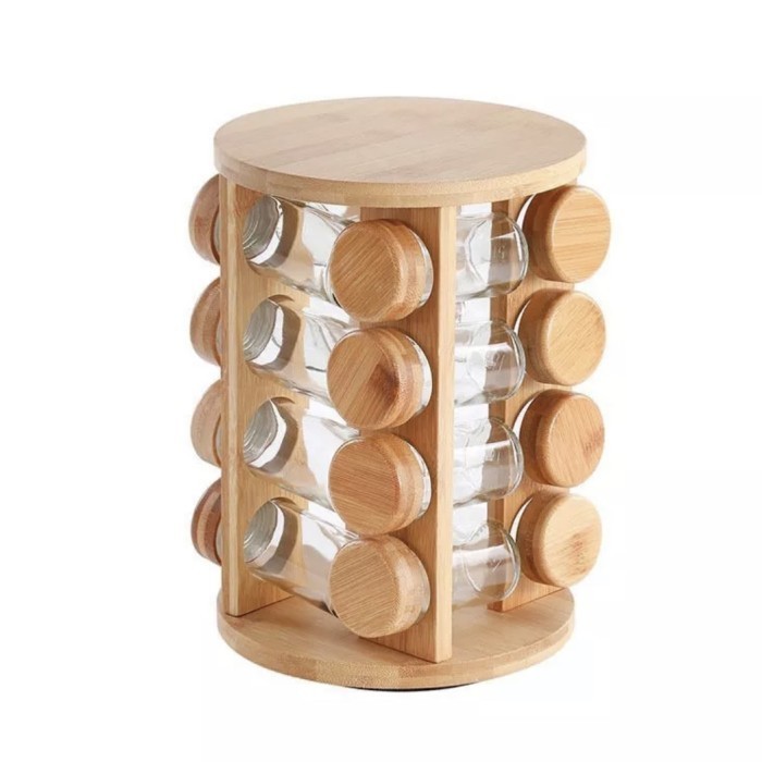 RAK KAYU BOTOL BUMBU KACA ESTETIK / RAK PUTAR BUMBU KAYU / RAK DAPUR