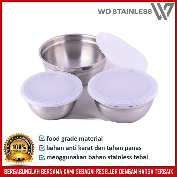 Mangkok Stainless German Bowl Silver 3 Set Dengan Tutup