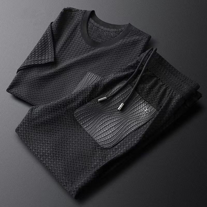 Setelan Kotak-kotak Pria, Pakaian Dua Potong Mewah Ringan Kotak-kotak Es Sutra Ramping Kasual Lengan