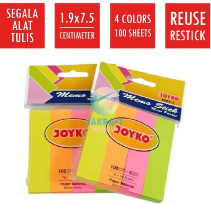 

Kertas Memo Stick Tempel 4 Warna Neon JOYKO MMS-2 Mix Color isi 400 Sticky Note (1.9 x 7.5 Cm)
