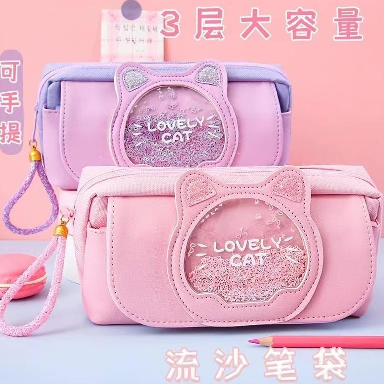 

Kotak tempat pensil case resleting anak glitter cat kucing lucu 3 slot