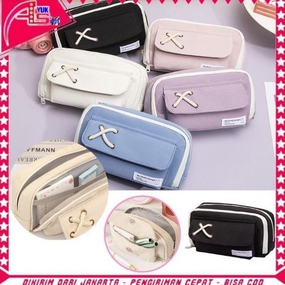 

AS Tempat Pensil Model Pita Silang Kotak Pensil Tali Rami Ritsleting Ganda Bahan Kanvas Pouch Tempat Alat Tulis Perlengkapan Sekolah Kantor Dua Sisi Resleting