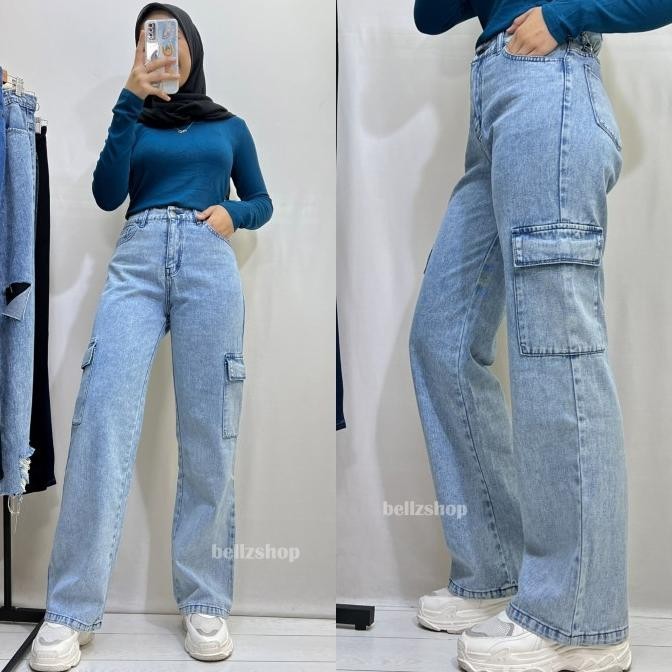 Celana Kulot Jeans Cargo Wanita Highwaist Panjang Snow Blue Keira