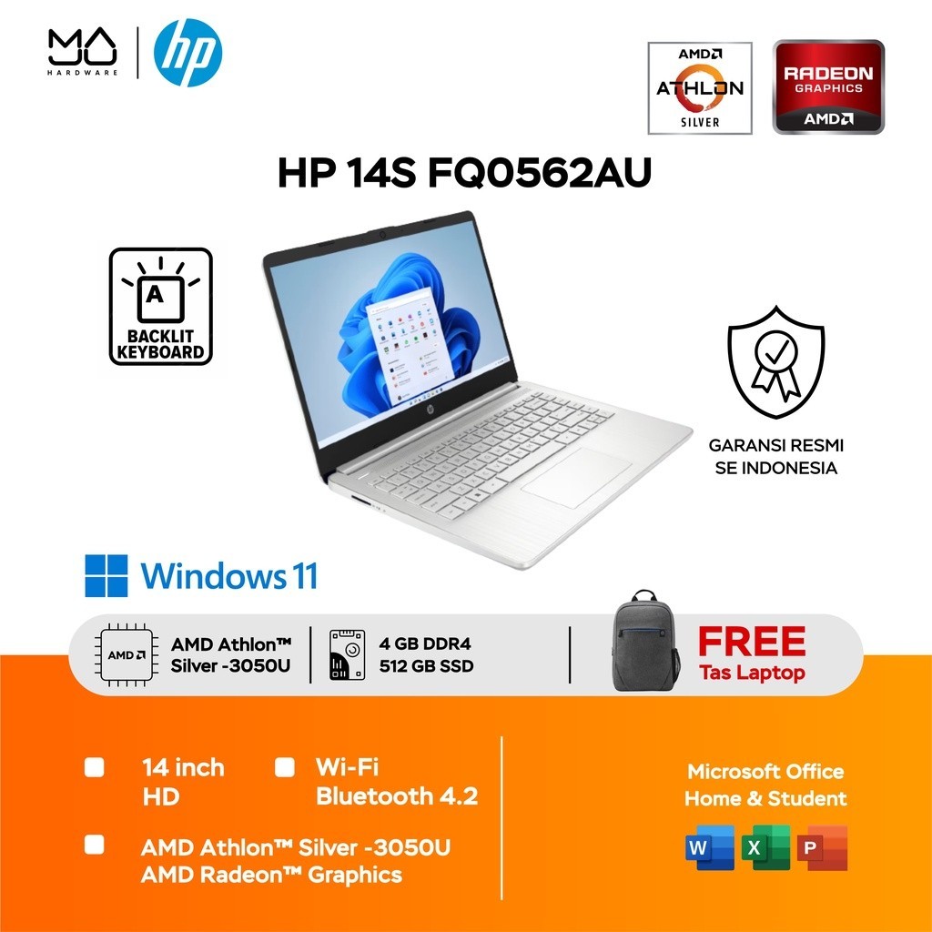 Laptop HP 14S-FQ0562AU AMD Athlon Silver 3050U 4/512GB 14 Inch Garansi Resmi